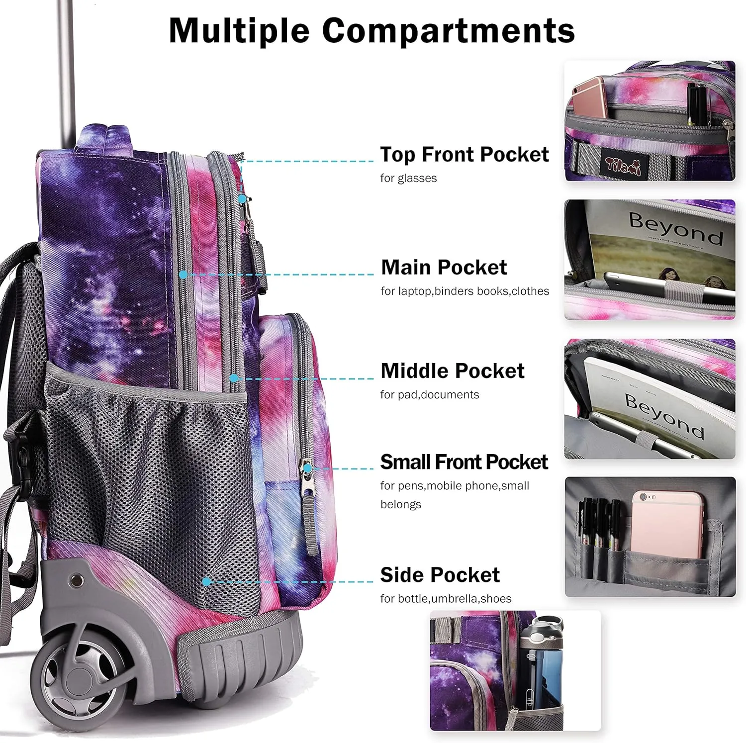 Tilami Rolling Backpack 18 inch Wheeled Backpack School College Student Travel Trip Boys and Girls