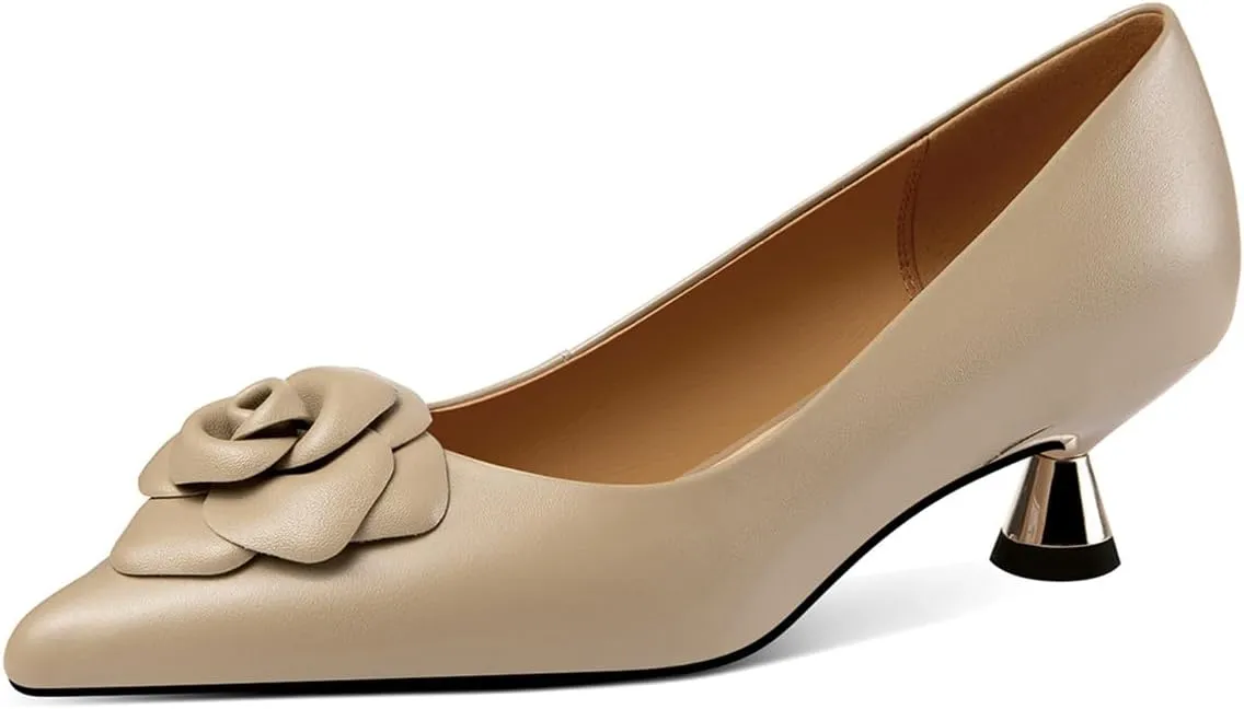 TinaCus Genuine Leather Pointed Toe Handmade Flower Cute Kitten Heels Women's Pumps Shoes