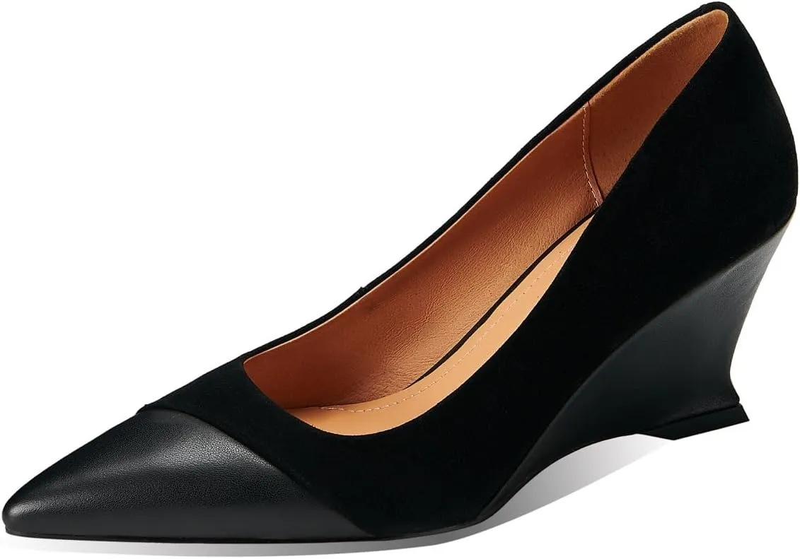 TinaCus Suede & Genuine Leather Women's Wedge Heels Handmade Cap Toe Pumps Shoes
