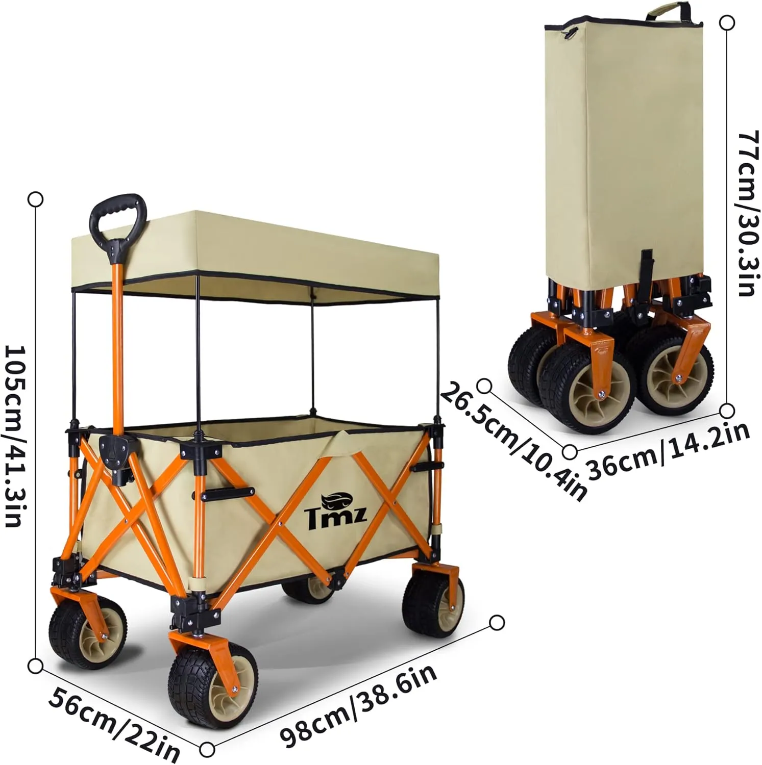 TMZ Heavy Duty Collapsible Wagon Cart with Built-in Folding Table Board - Multi-Function Utility Cart for Camping, Beach, Picnic, Sports, Shopping & Outdoor Activities(Beige)