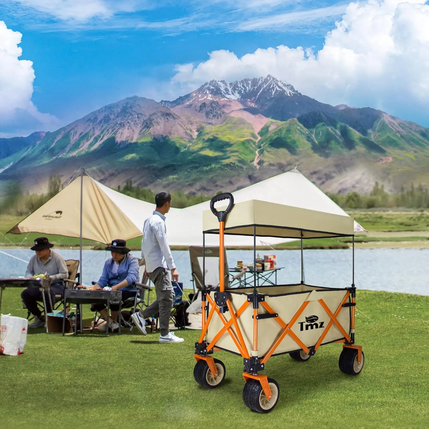 TMZ Heavy Duty Collapsible Wagon Cart with Built-in Folding Table Board - Multi-Function Utility Cart for Camping, Beach, Picnic, Sports, Shopping & Outdoor Activities(Beige)