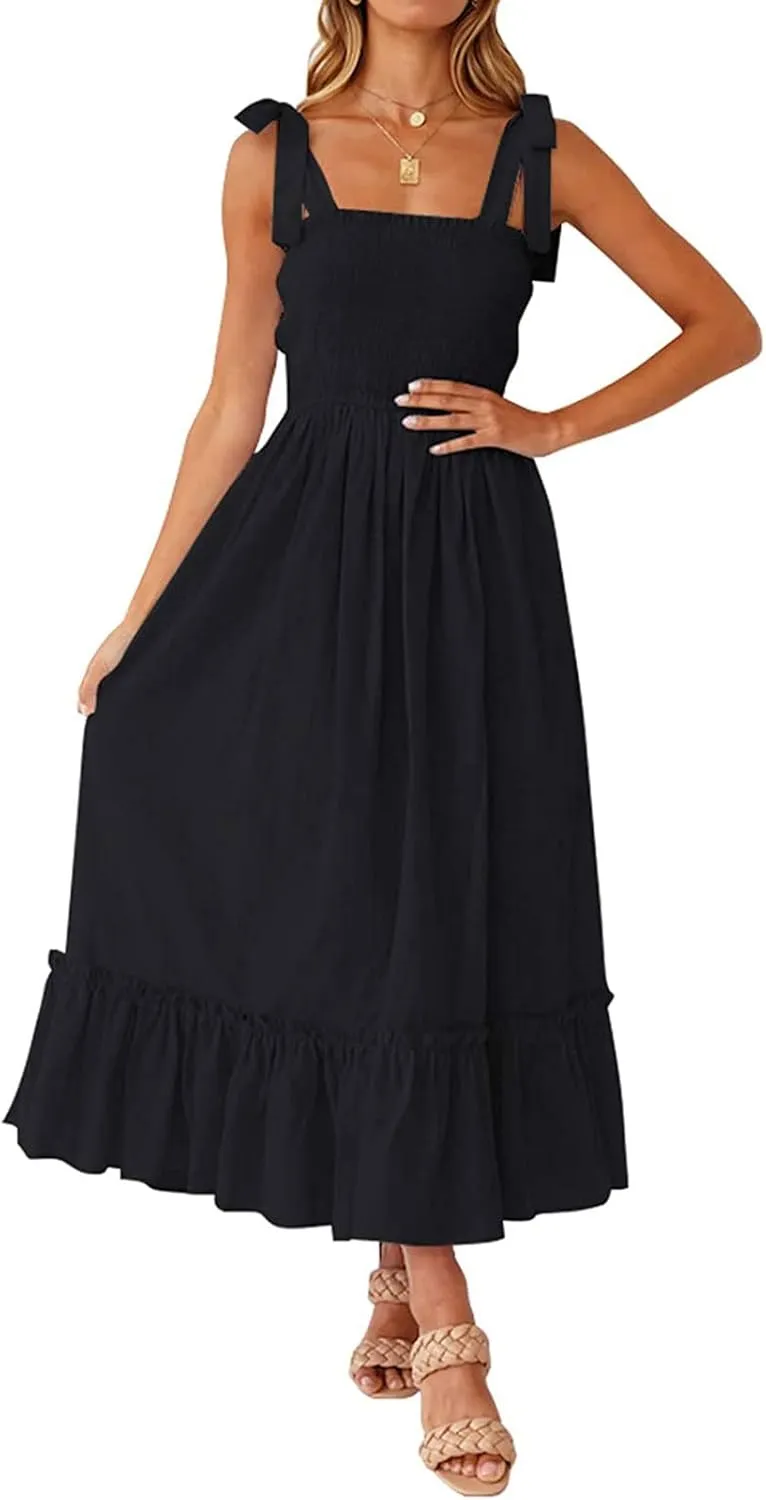 Tobrief Women's Boho Dress Summer Spaghetti Strap Square Neck Flowy Ruffle Beach Long Maxi Dress