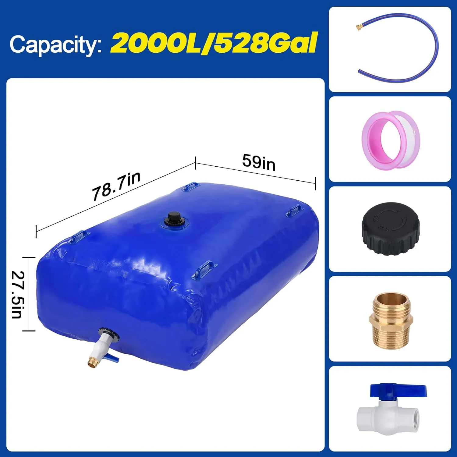 TooTaci 528Gal Large Capacity Water Storage Bladder, Portable Water Tank with Hose and 3/4" Adapters, Collapsible 2000L Reservoir for Garden Watering, Drought Resistance, Agricultural Irrigation