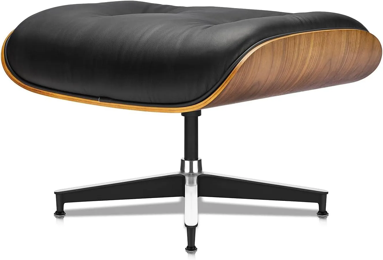 Top Black Grain Leather, Mid Century Chaise Lounge Chair and Ottoman, Modern Chair Classic Design, Heavy Duty Base Support for Living Room Study Lounge Office (Tall, Walnut-Black)