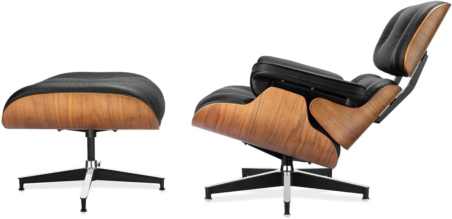 Top Black Grain Leather, Mid Century Chaise Lounge Chair and Ottoman, Modern Chair Classic Design, Heavy Duty Base Support for Living Room Study Lounge Office (Tall, Walnut-Black)