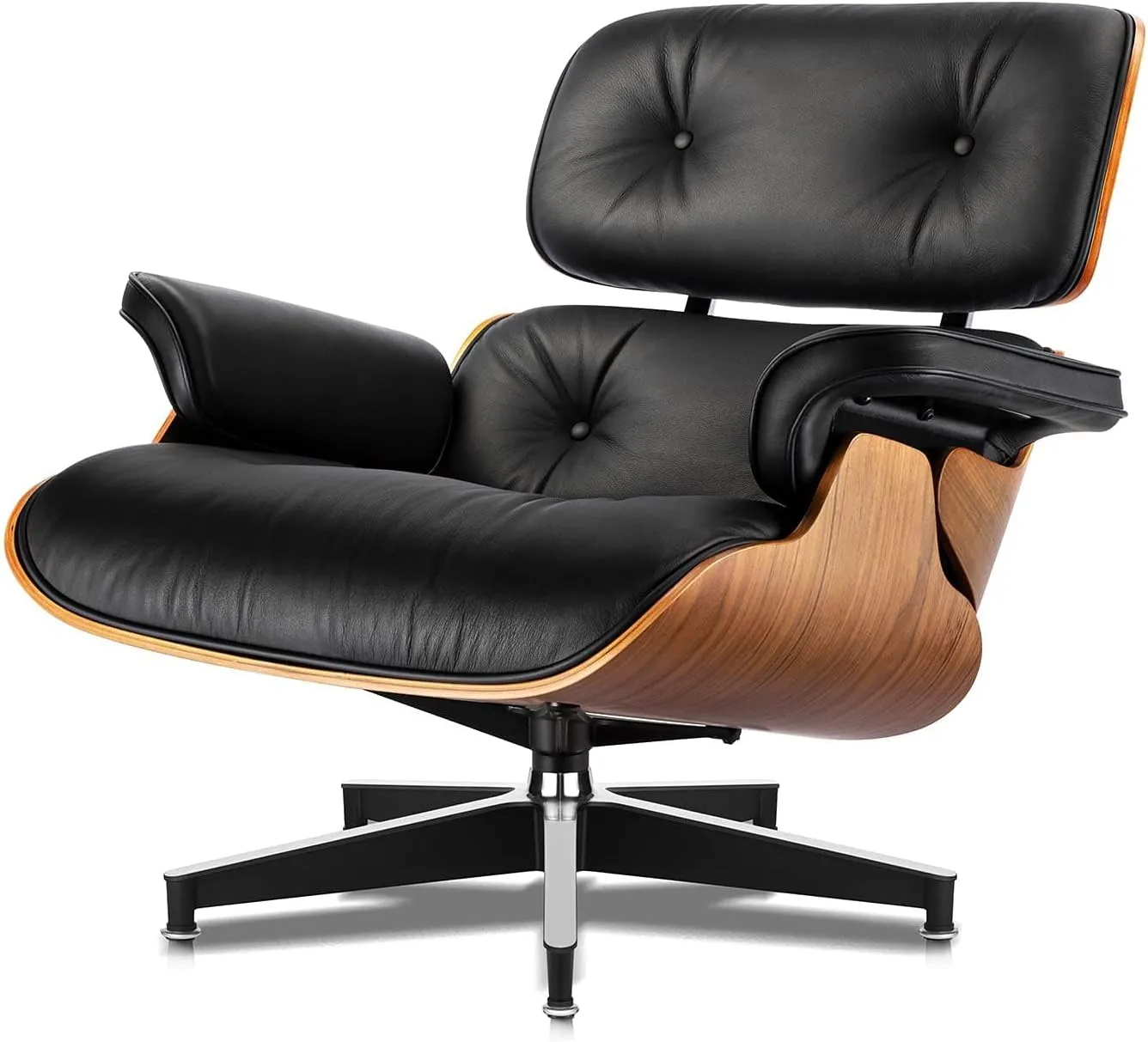 Top Black Grain Leather, Mid Century Chaise Lounge Chair and Ottoman, Modern Chair Classic Design, Heavy Duty Base Support for Living Room Study Lounge Office (Tall, Walnut-Black)