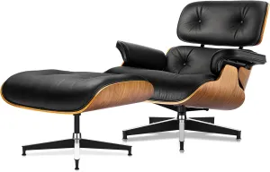 Top Black Grain Leather, Mid Century Chaise Lounge Chair and Ottoman, Modern Chair Classic Design, Heavy Duty Base Support for Living Room Study Lounge Office, Walnut, Heightening