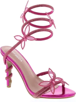 TOP MODA Women's Open Toe Formal Rhinestone Butterfly Spiral Wrap Around Stiletto Heel Sandals, Fuchsia Metallic
