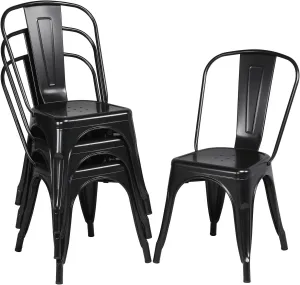 Topeakmart Metal Dining Chairs Set of 4 Black High Back Industrial Chairs Indoor/Outdoor Chic Dining Bistro Cafe Side Barstool Bar Chair Coffee Chair