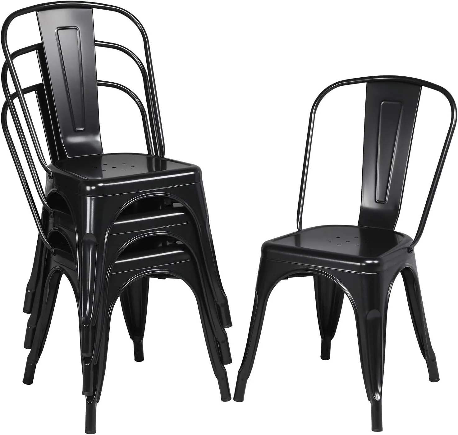 Topeakmart Metal Dining Chairs Set of 4 Black High Back Industrial Chairs Indoor/Outdoor Chic Dining Bistro Cafe Side Barstool Bar Chair Coffee Chair