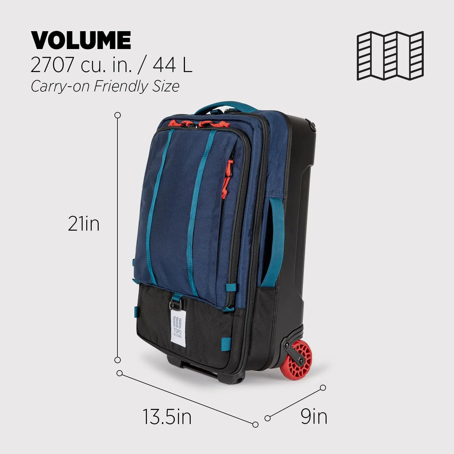 Topo Designs Global Travel Roller Bag Suitcase, Carry-On Friendly, 3 Carry Options, Smooth Heavy Duty Wheels, Telescoping Handle, Designed in Denver CO USA, 2024 Model (Navy)