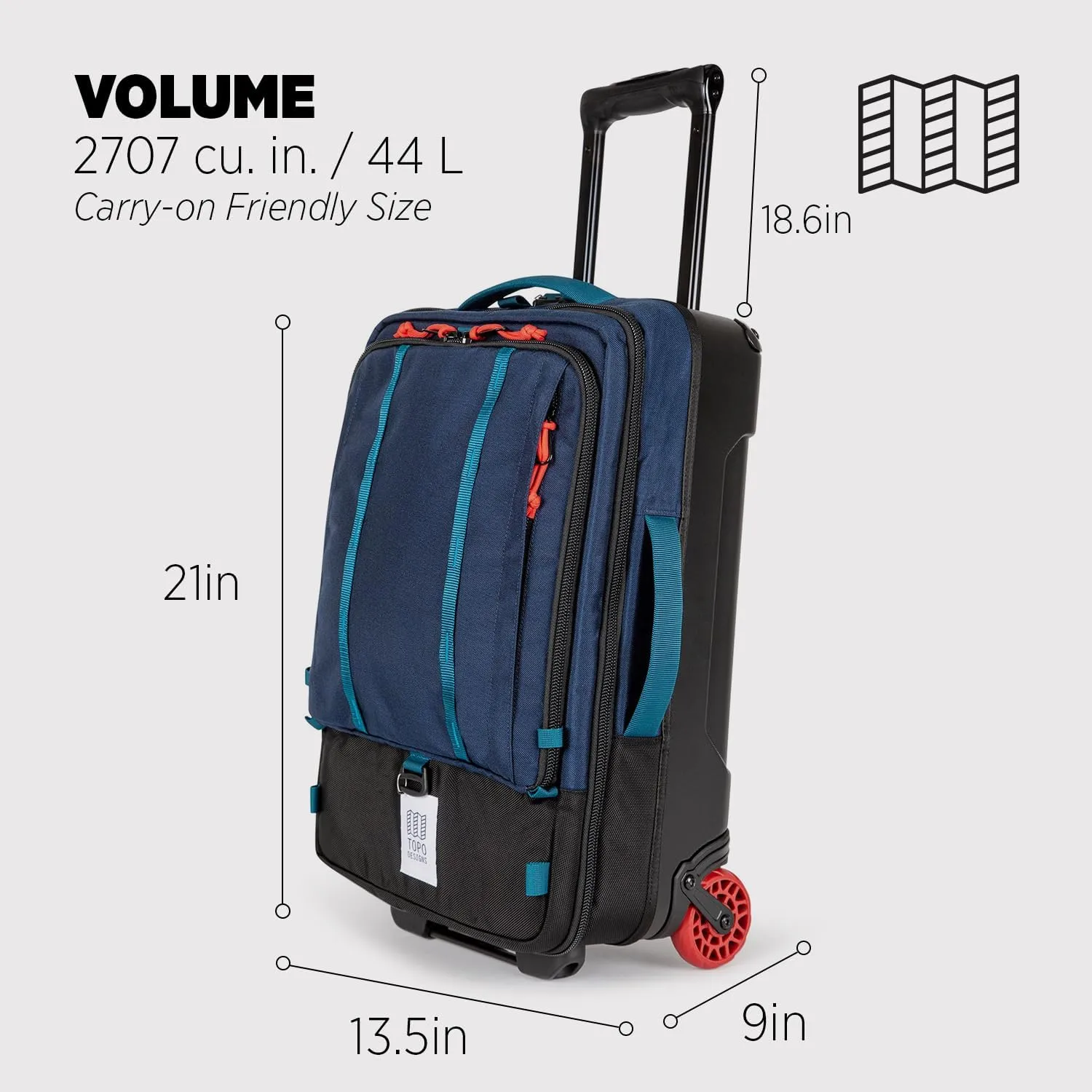 Topo Designs Global Travel Roller Bag Suitcase, Carry-On Friendly, 3 Carry Options, Smooth Heavy Duty Wheels, Telescoping Handle, Designed in Denver CO USA, 2024 Model (Navy)