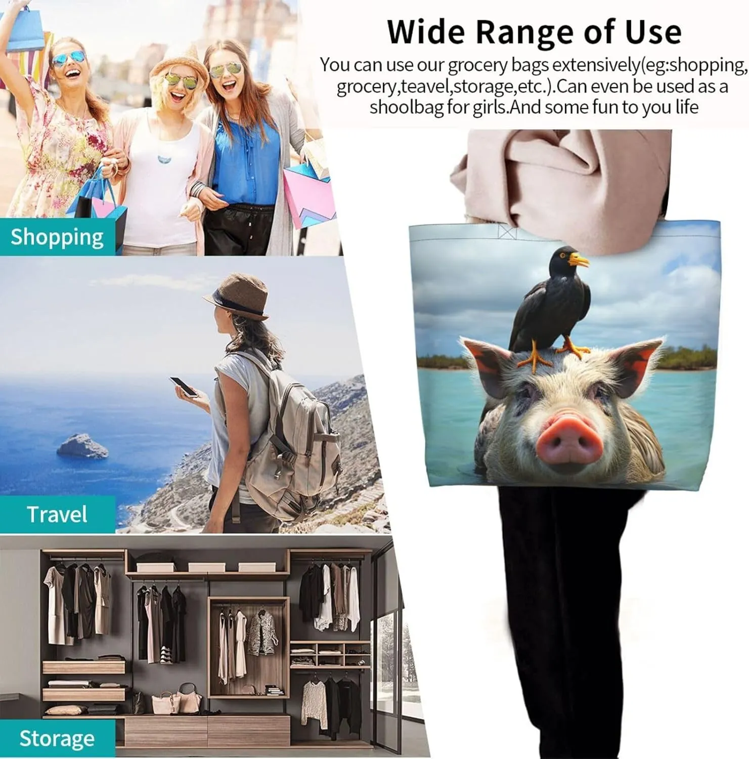 Tote Bag for Women Grocery Bag Reusable Shopping Bag Bird resting on branch Handbag Foldable Shoulder Bag