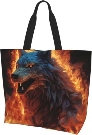 Tote Bag for Women Reusable Grocery Bag Shopping Bag Wolf Surrounded Tote Bags Handbag Foldable Shoulder Bag