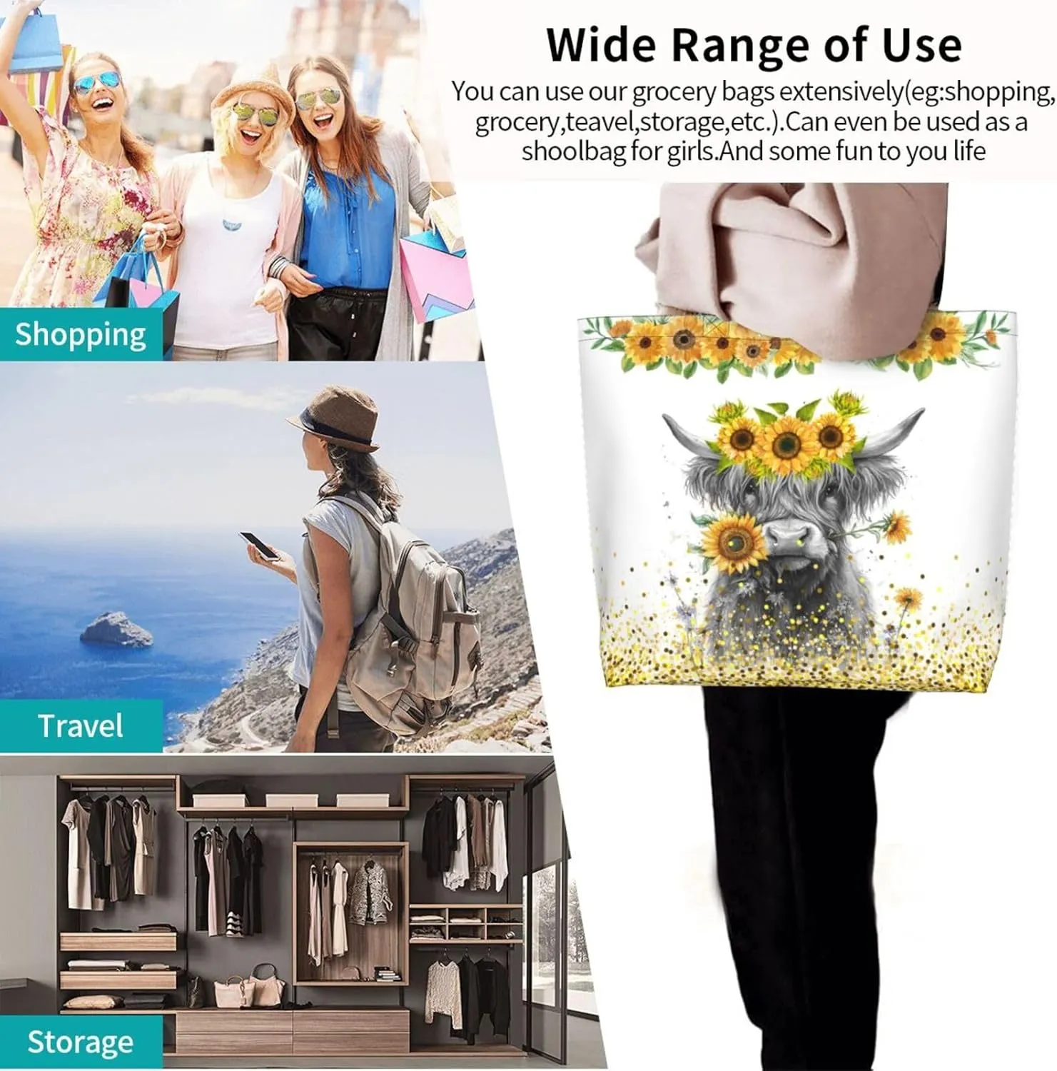 Tote Bag For Womens, Large Casual Shoulder Sling Bags Reusable Grocery Handbag For Travel Shopping Gym