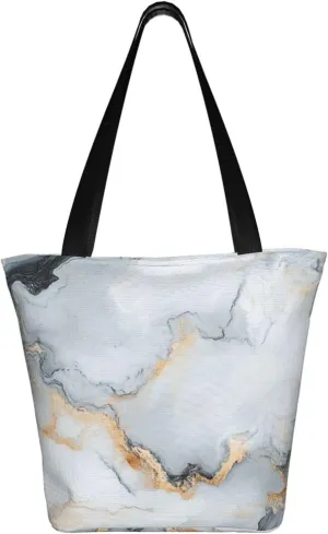 Tote Bag Gray Marble Gold Crack Reusable Grocery Shopping Bag Casual Handbag for Women Travel Shopping Beach