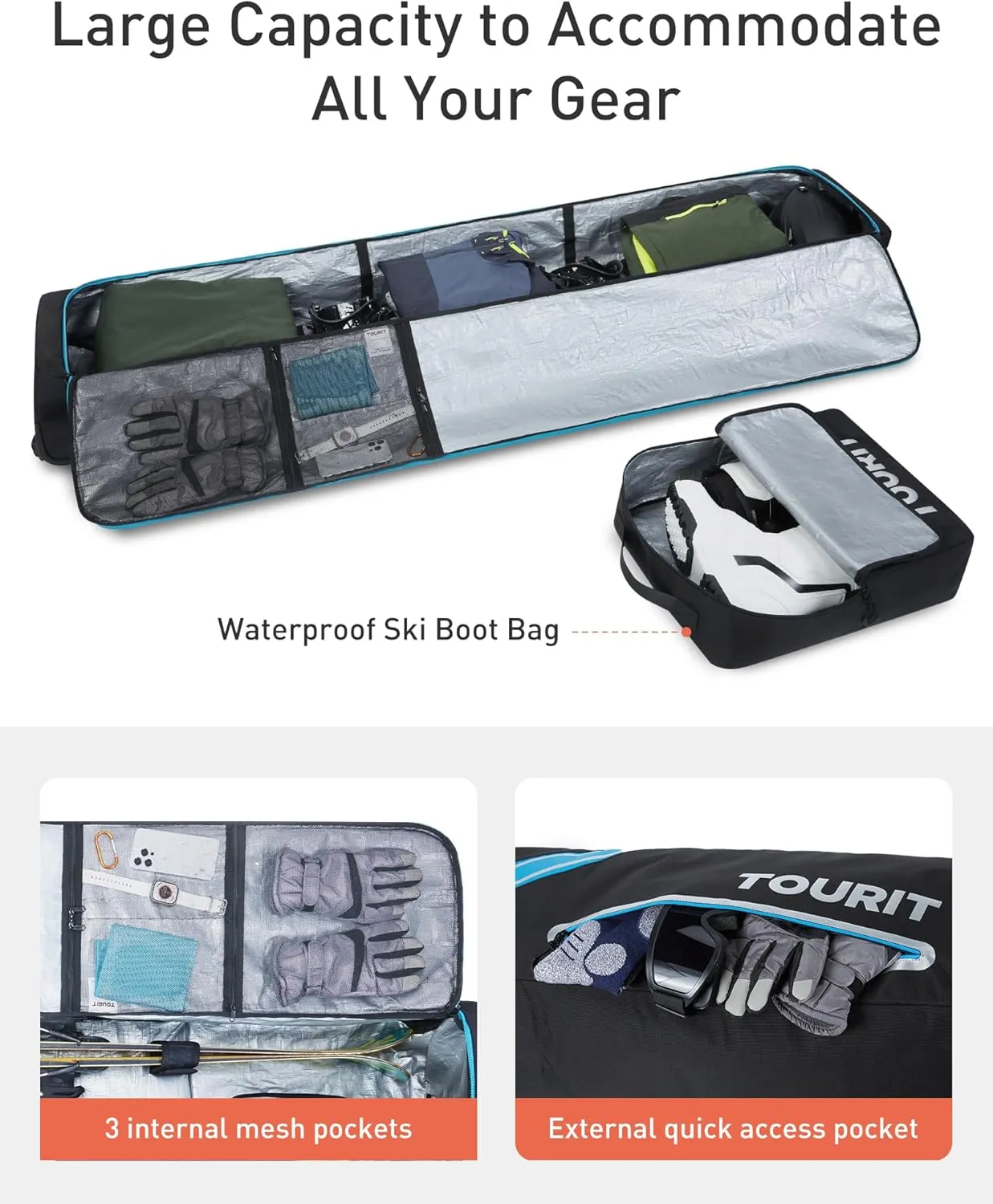 TOURIT Rolling Ski and Boot Bag Combo - Fully Padded With Wheels for Air Travel, Water-Resistant 900D Oxford Fabric, Foldable Wheeled Bag Holds 2 Pairs of Skis (195cm)