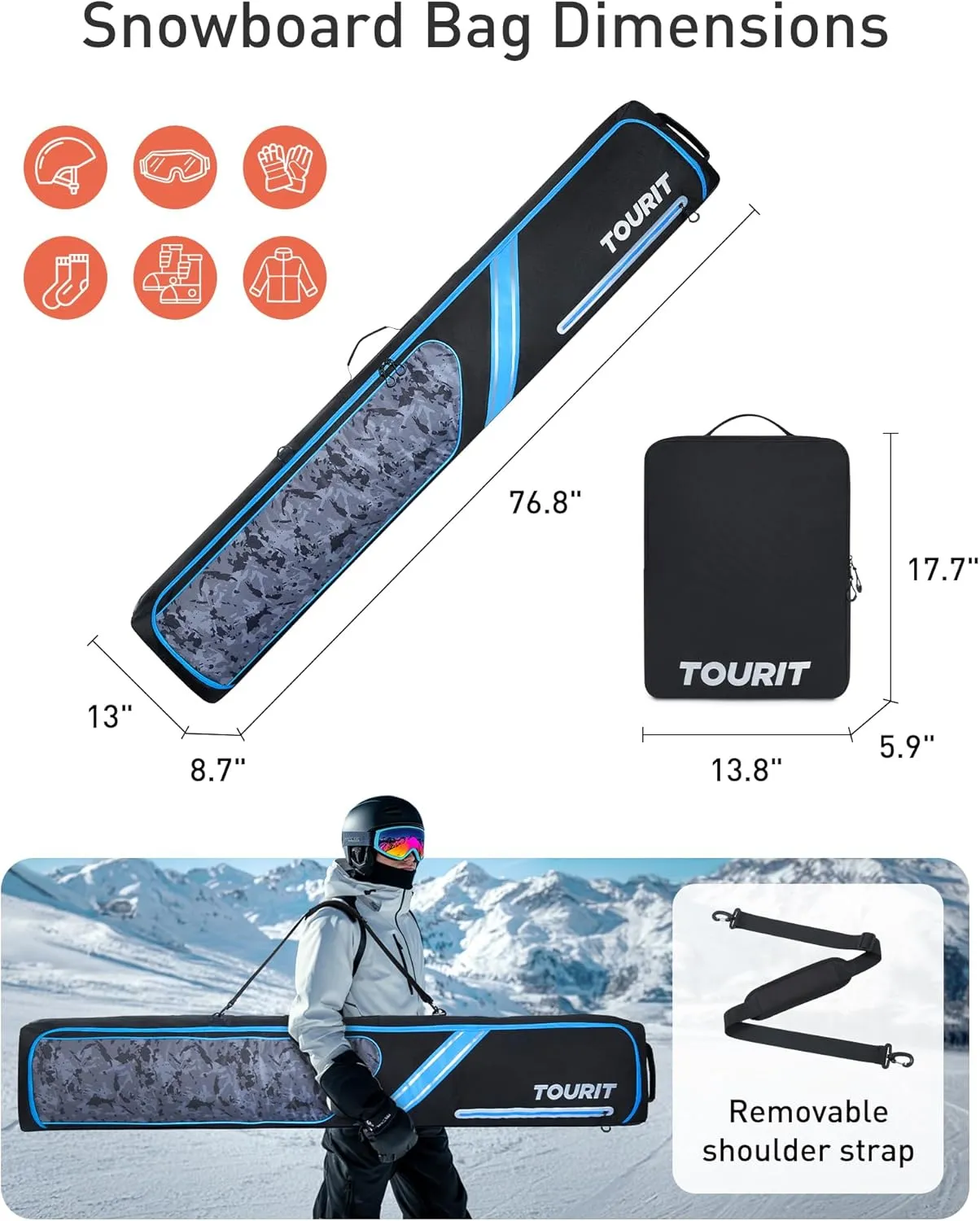 TOURIT Rolling Ski and Boot Bag Combo - Fully Padded With Wheels for Air Travel, Water-Resistant 900D Oxford Fabric, Foldable Wheeled Bag Holds 2 Pairs of Skis (195cm)