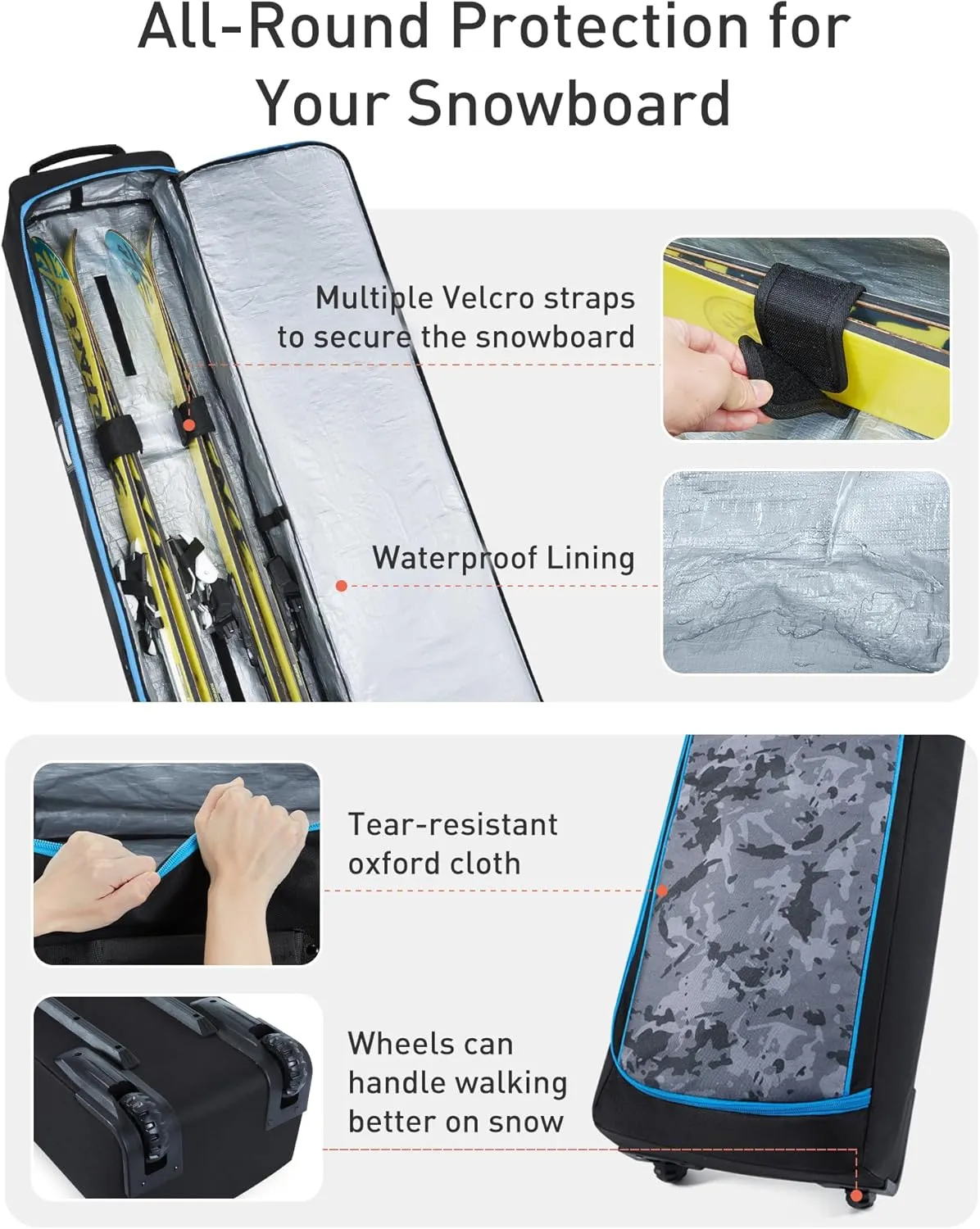 TOURIT Rolling Ski and Boot Bag Combo - Fully Padded With Wheels for Air Travel, Water-Resistant 900D Oxford Fabric, Foldable Wheeled Bag Holds 2 Pairs of Skis (195cm)