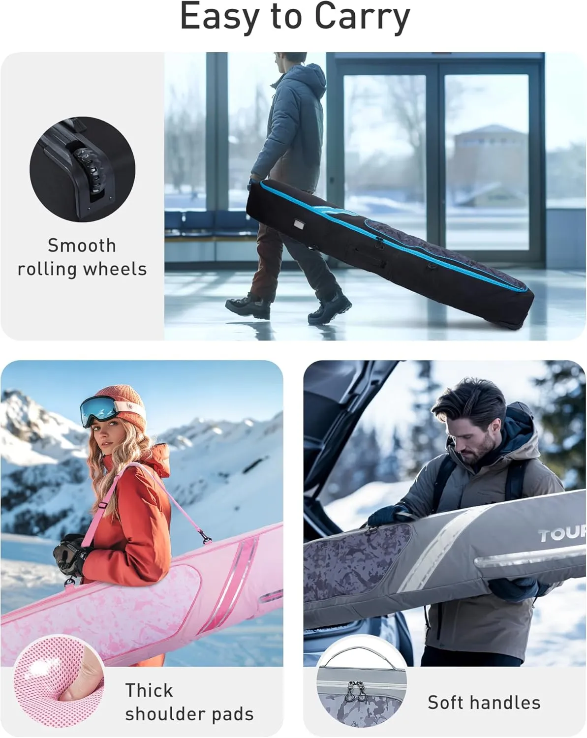 TOURIT Rolling Ski and Boot Bag Combo - Fully Padded With Wheels for Air Travel, Water-Resistant 900D Oxford Fabric, Foldable Wheeled Bag Holds 2 Pairs of Skis (195cm)