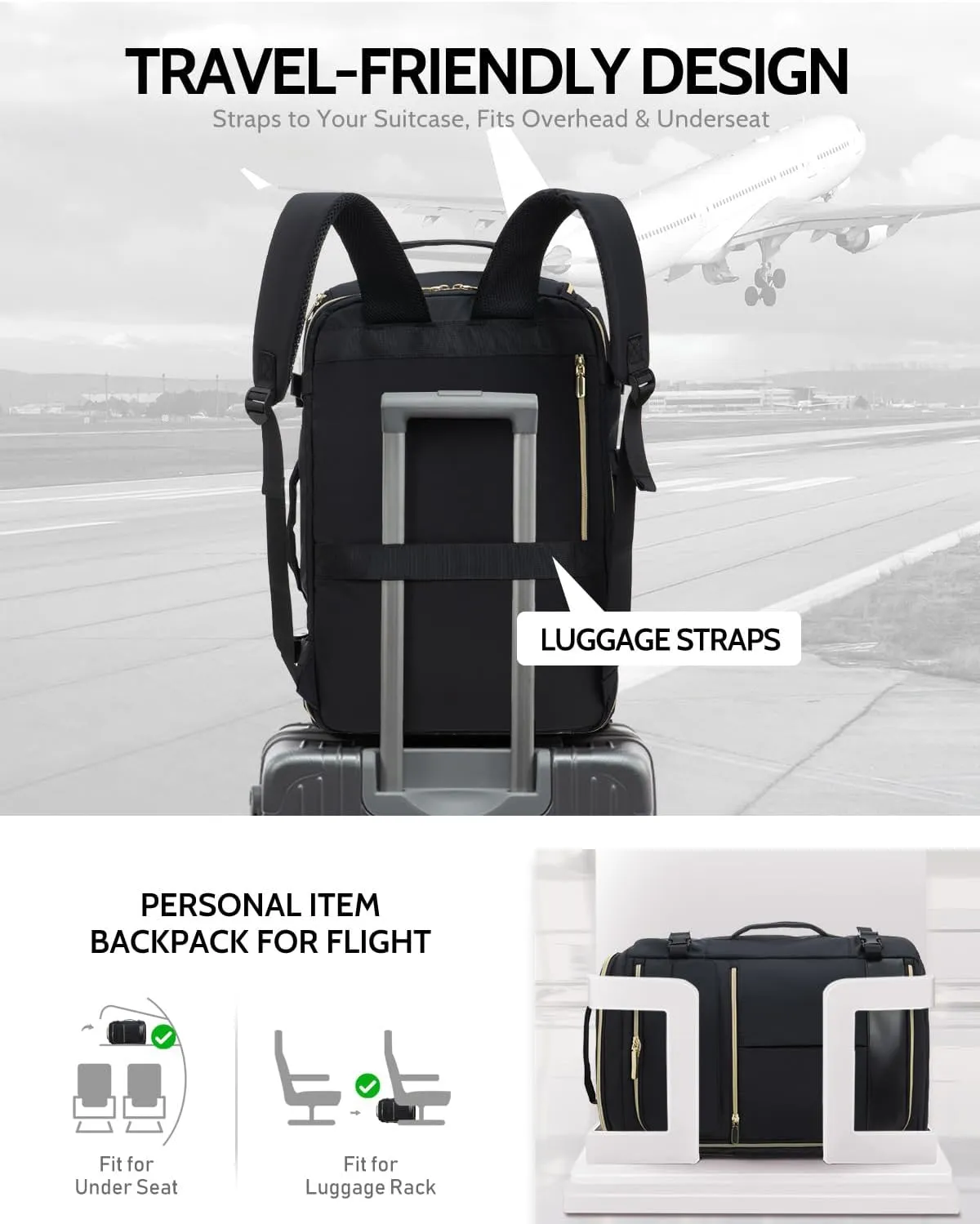 Travel Backpack for Women, 40L Carry On Backpacks Flight Approved, 18x14x8 Inches Personal Item Travel Bag, Large Backpack for Travel fits 17.3” Laptop, Waterproof Weekender Bag