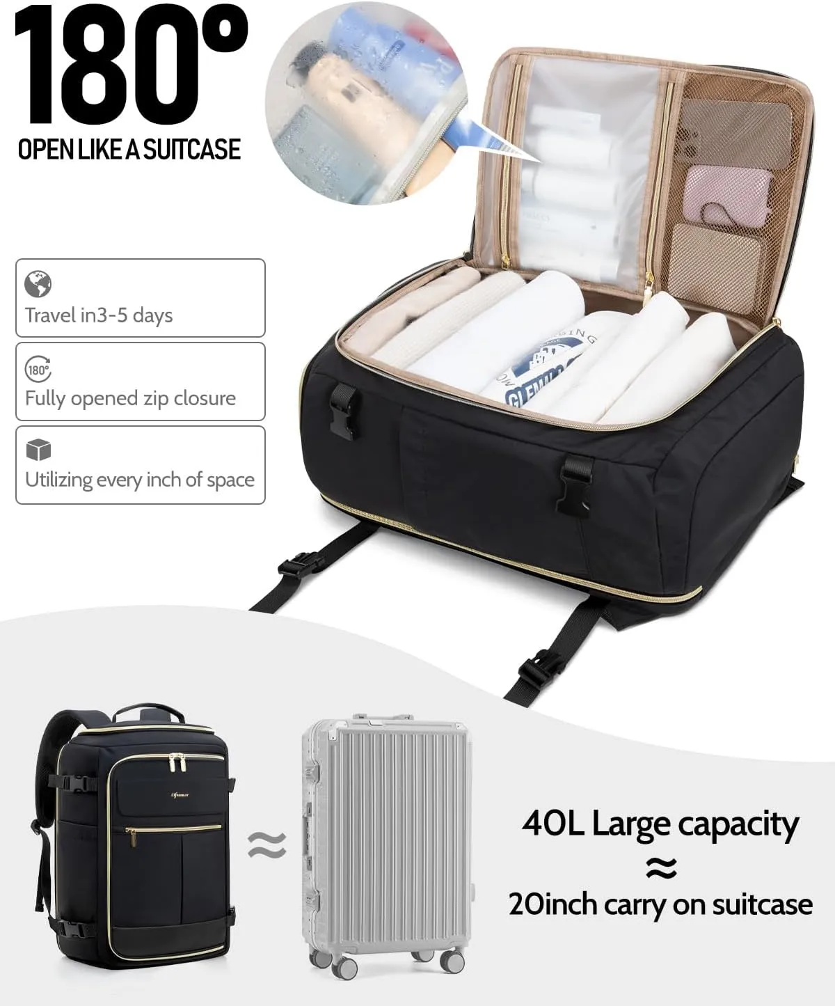 Travel Backpack for Women, 40L Carry On Backpacks Flight Approved, 18x14x8 Inches Personal Item Travel Bag, Large Backpack for Travel fits 17.3” Laptop, Waterproof Weekender Bag