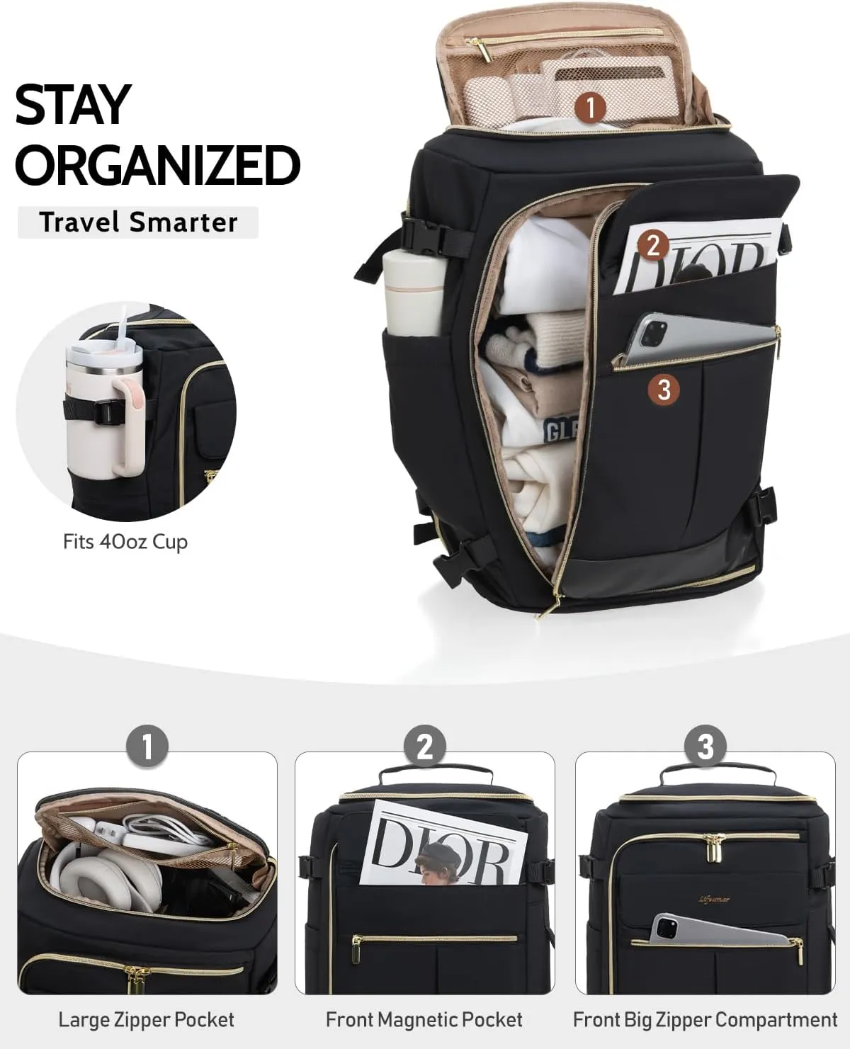 Travel Backpack for Women, 40L Carry On Backpacks Flight Approved, 18x14x8 Inches Personal Item Travel Bag, Large Backpack for Travel fits 17.3” Laptop, Waterproof Weekender Bag