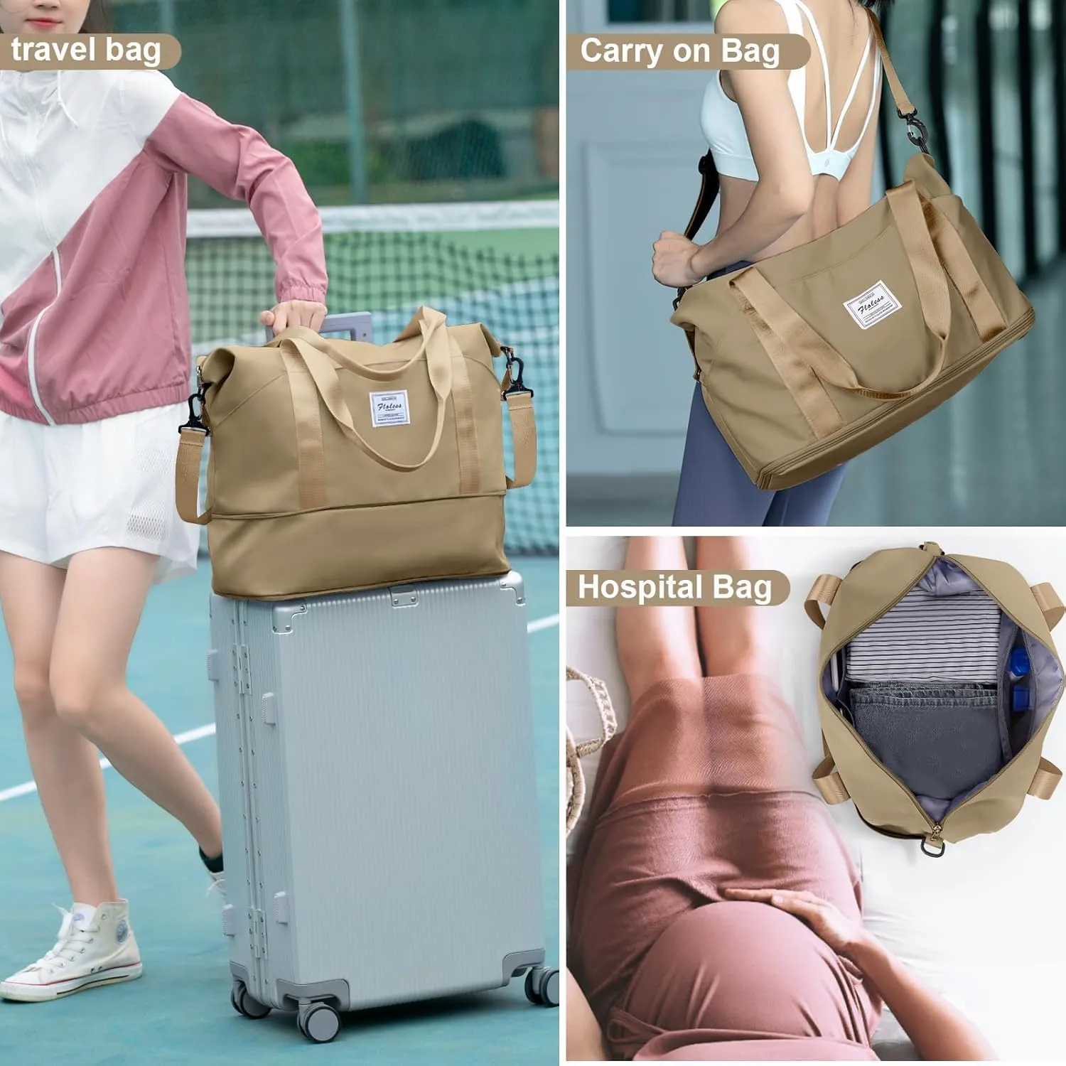 Travel Duffel Bag, Sports Tote Gym Bag, Shoulder Weekender Overnight Bag for Women