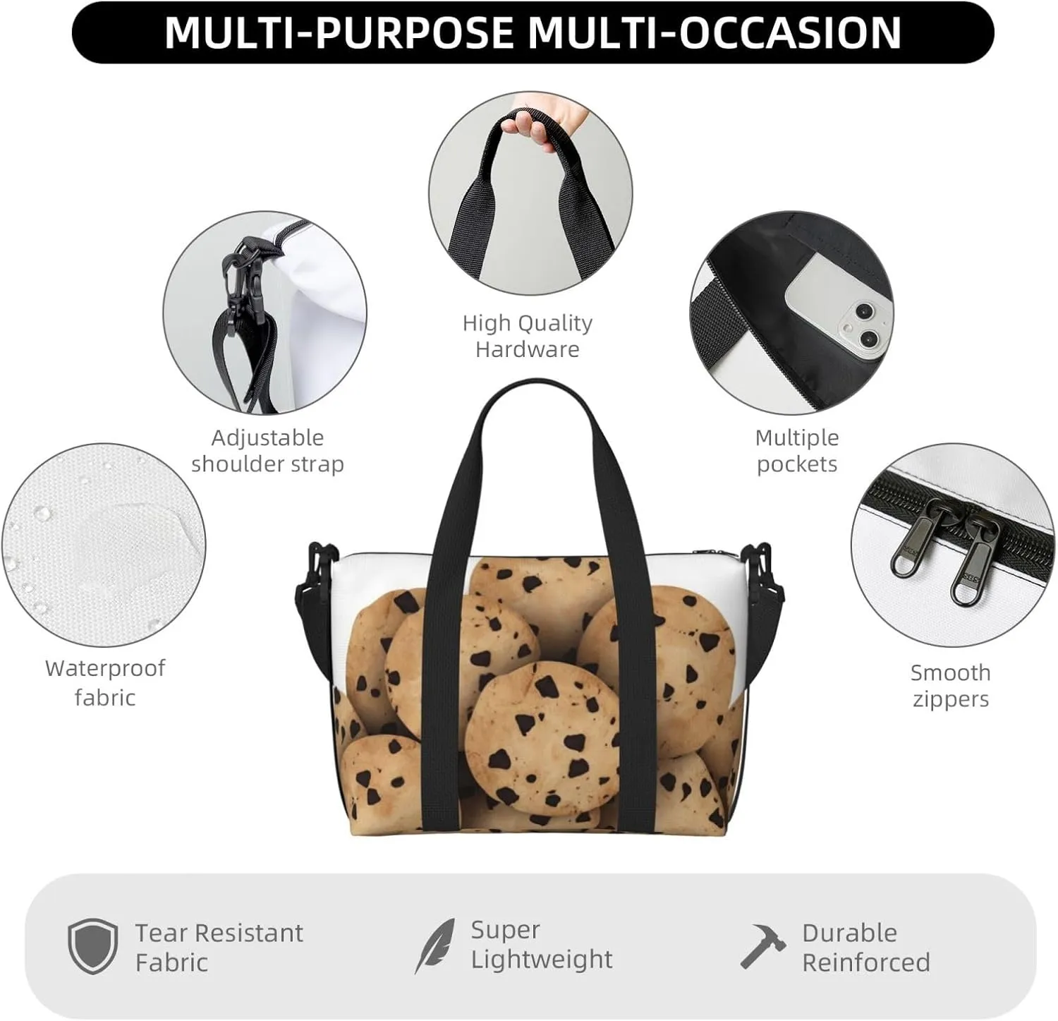 Travel Duffle Bag Weekender Bags for Men Women Adjustable Large Capacity Weekender Overnight Bag Carry On Tote Bags Waterproof Sport Gym Bag for Travel Yoga, Food Chip Biscuits, One Size