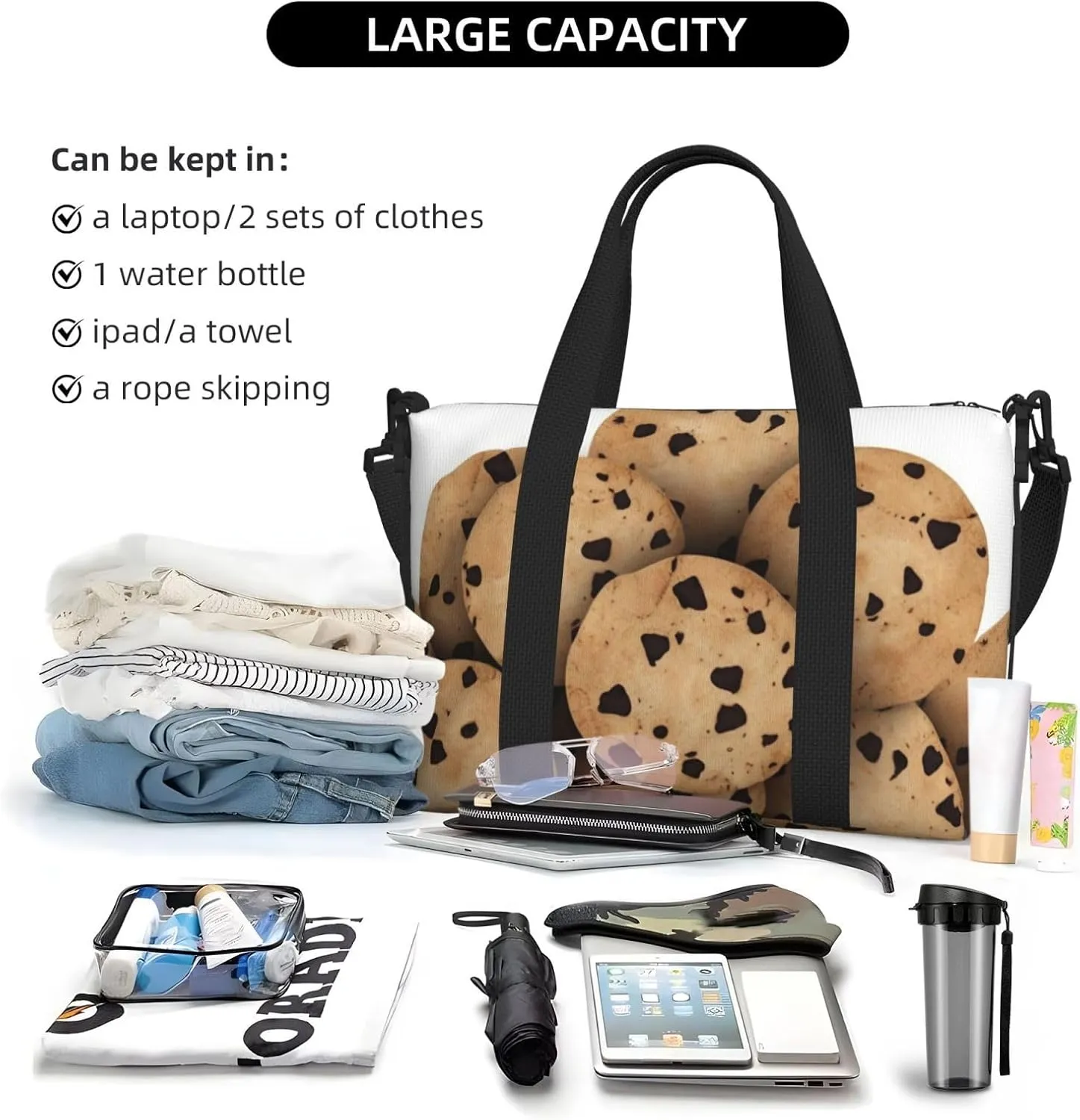 Travel Duffle Bag Weekender Bags for Men Women Adjustable Large Capacity Weekender Overnight Bag Carry On Tote Bags Waterproof Sport Gym Bag for Travel Yoga, Food Chip Biscuits, One Size