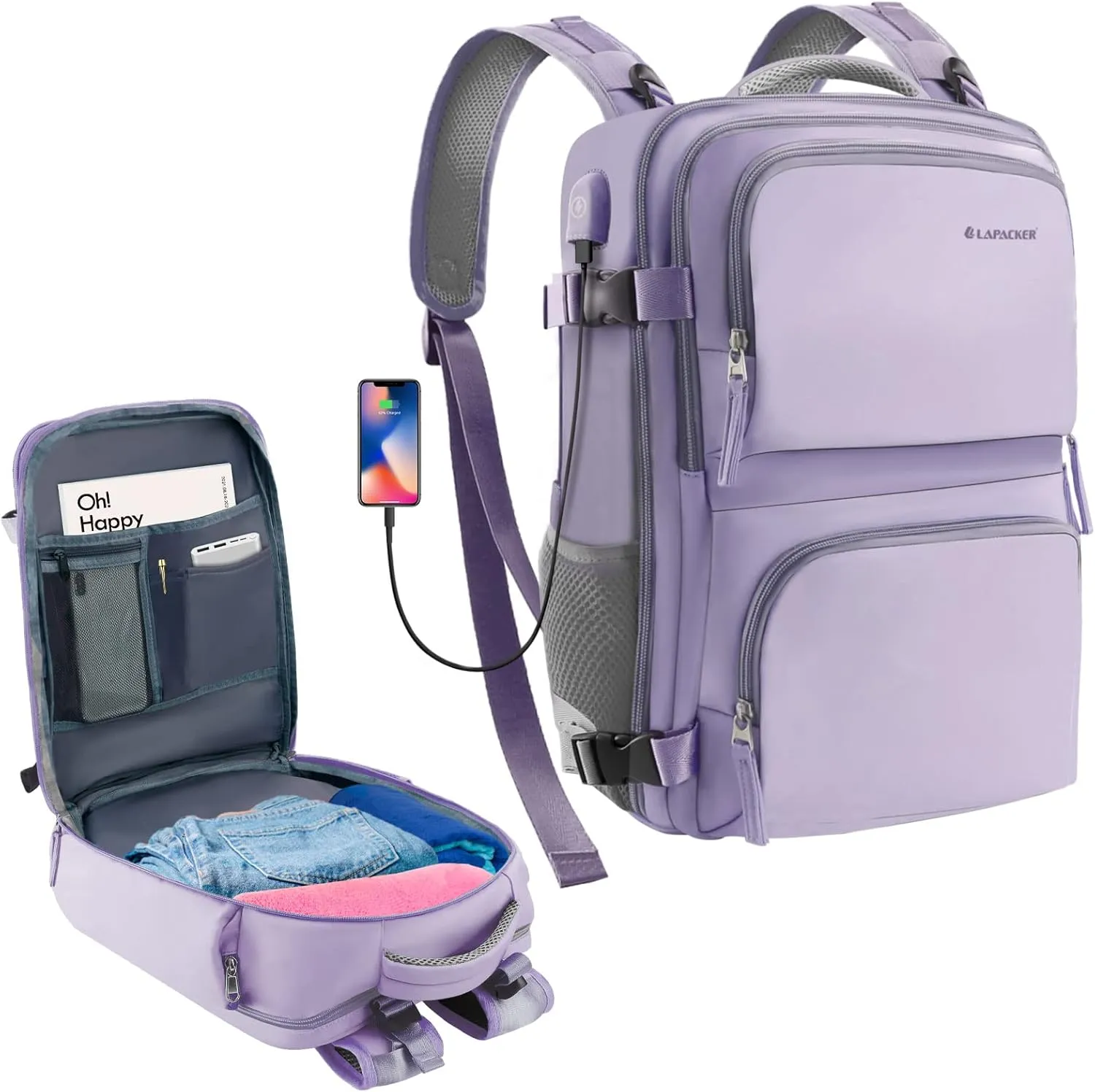 Travel Laptop Backpack Men Women,Business Anti Theft Carry On Backpacks with USB Charging Port Shoe Compartment Airline Approved,College Rucksack Fits 15.6 Inch Laptop & Notebook,Gray Purple