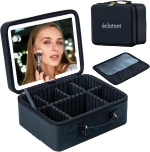Travel Makeup Bag With Led Mirror With 3 Level LED Lighted Mirror; Waterproof Makeup Brush Holder and Nail Polish Organizer with Adjustable Dividers; Jewelry and Cosmetic Travel Bag (1 Pack)