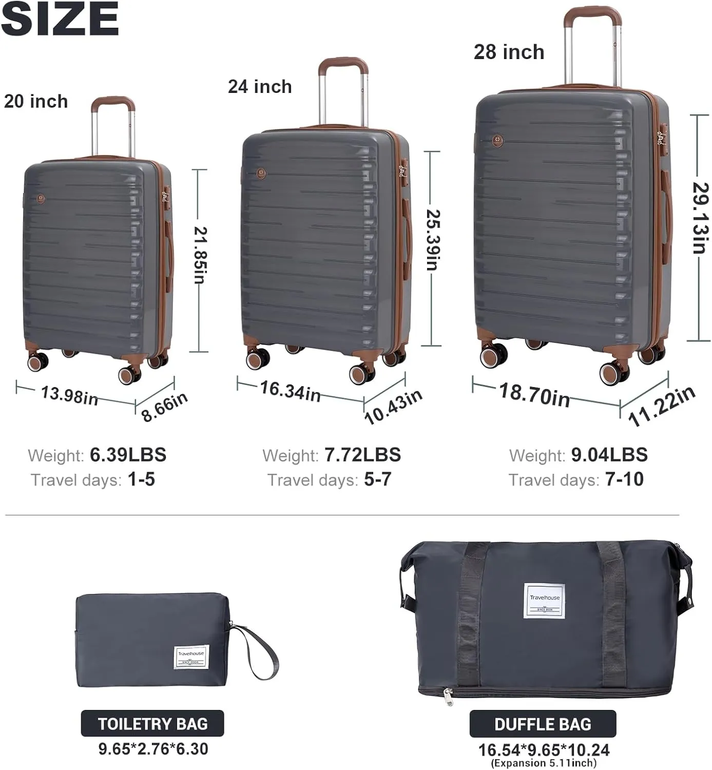 Travelhouse Luggage Sets 5 Piece Suitcases with Wheels ABS Hardshell Suitcase Set Spinner Wheels Carry on Suitcase with TSA Lock Durable Waterproof Travel Luggage (GRAY)