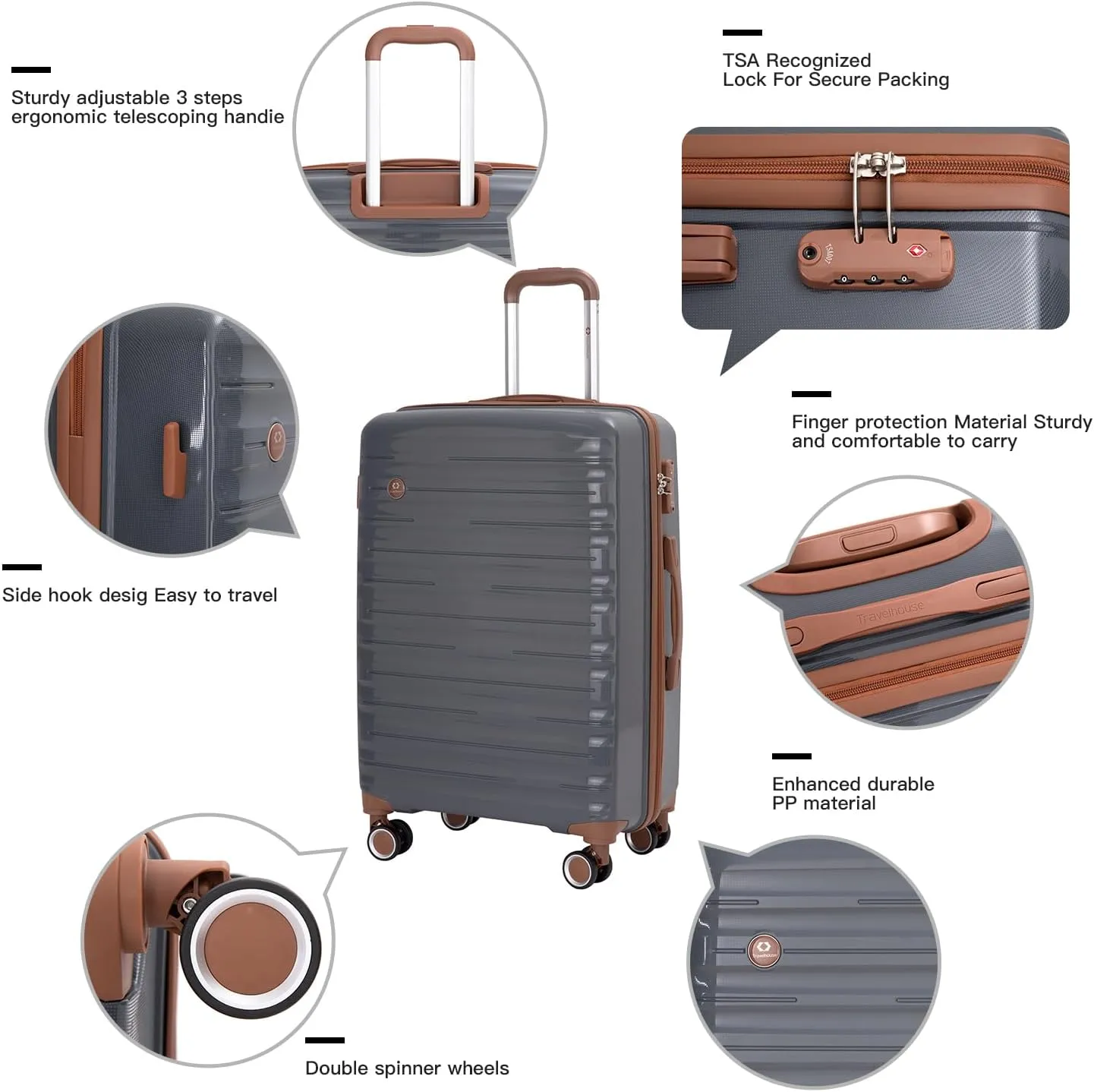 Travelhouse Luggage Sets 5 Piece Suitcases with Wheels ABS Hardshell Suitcase Set Spinner Wheels Carry on Suitcase with TSA Lock Durable Waterproof Travel Luggage (GRAY)