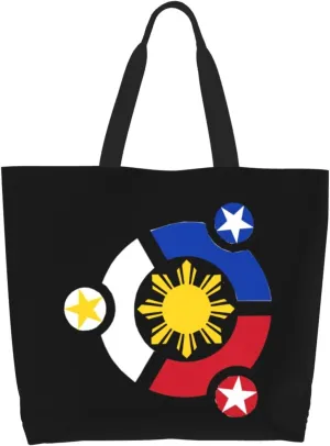 Tribal Philippines Filipino Sun and Stars Canvas Tote Bags for Women, Ladies Shoulder Handbags Large Purse Lightweight Foldable Reusable Shopping Bag with Pockets for Work, Travel, 15.7x19.7in