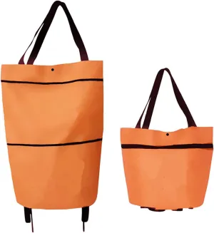 Trolley Folding Shopping Bag Collapsible Two-Stage Zipper Folding Shopping Bags 2 in 1 Foldable Shopping Portable Cart with Wheels Lightweight Storage Bag for Shopping Fruits Vegetables (Orange)