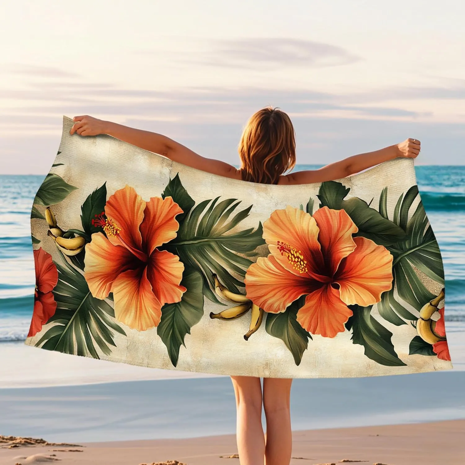 Tropical Hibiscus Beach Towel Orange Floral Print Microfiber, Quick Dry Absorbent Sand Free Oversized Lightweight Bath Towel, Vacation Pool Gym Travel Essentials 70x35 Inch