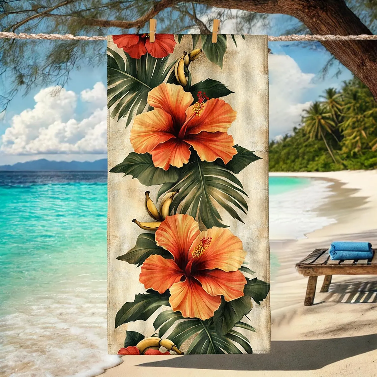 Tropical Hibiscus Beach Towel Orange Floral Print Microfiber, Quick Dry Absorbent Sand Free Oversized Lightweight Bath Towel, Vacation Pool Gym Travel Essentials 70x35 Inch