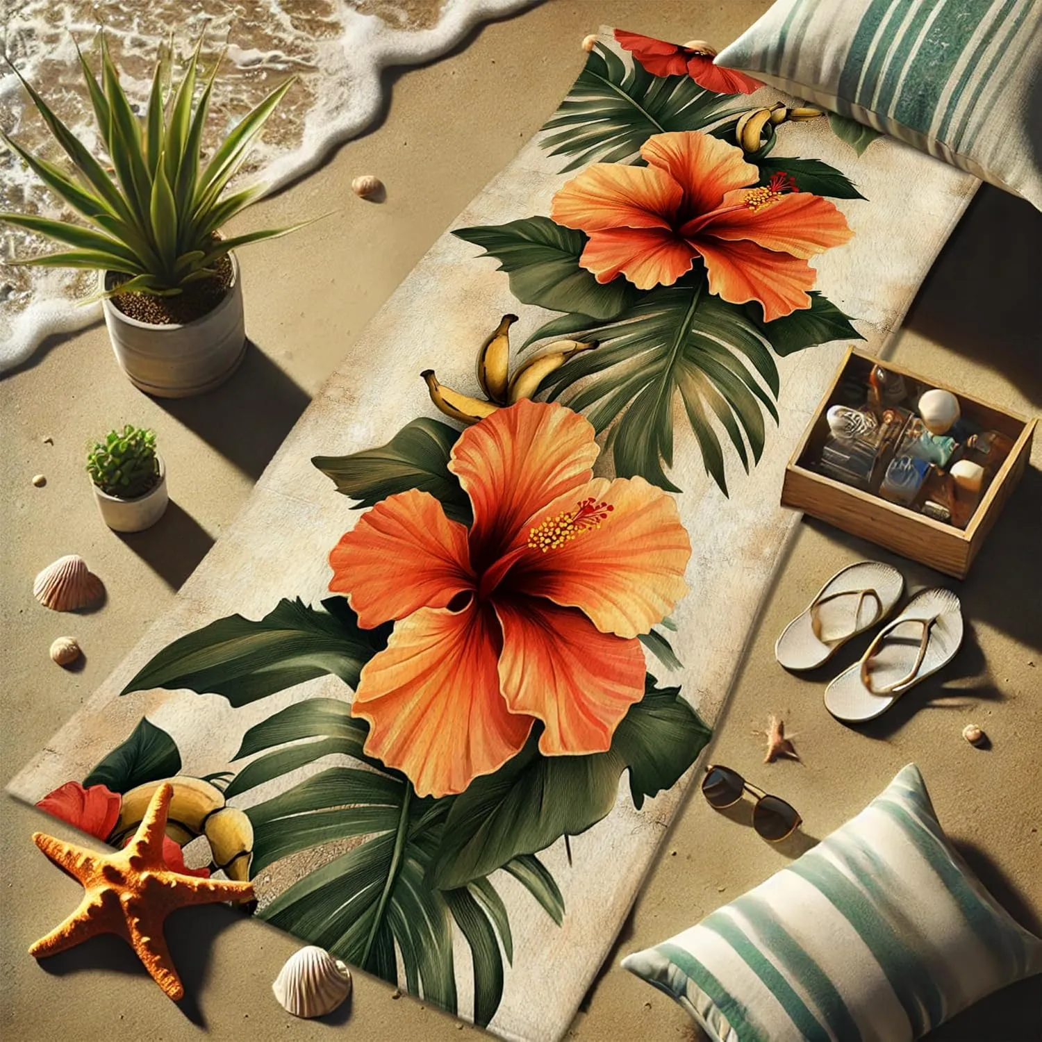 Tropical Hibiscus Beach Towel Orange Floral Print Microfiber, Quick Dry Absorbent Sand Free Oversized Lightweight Bath Towel, Vacation Pool Gym Travel Essentials 70x35 Inch