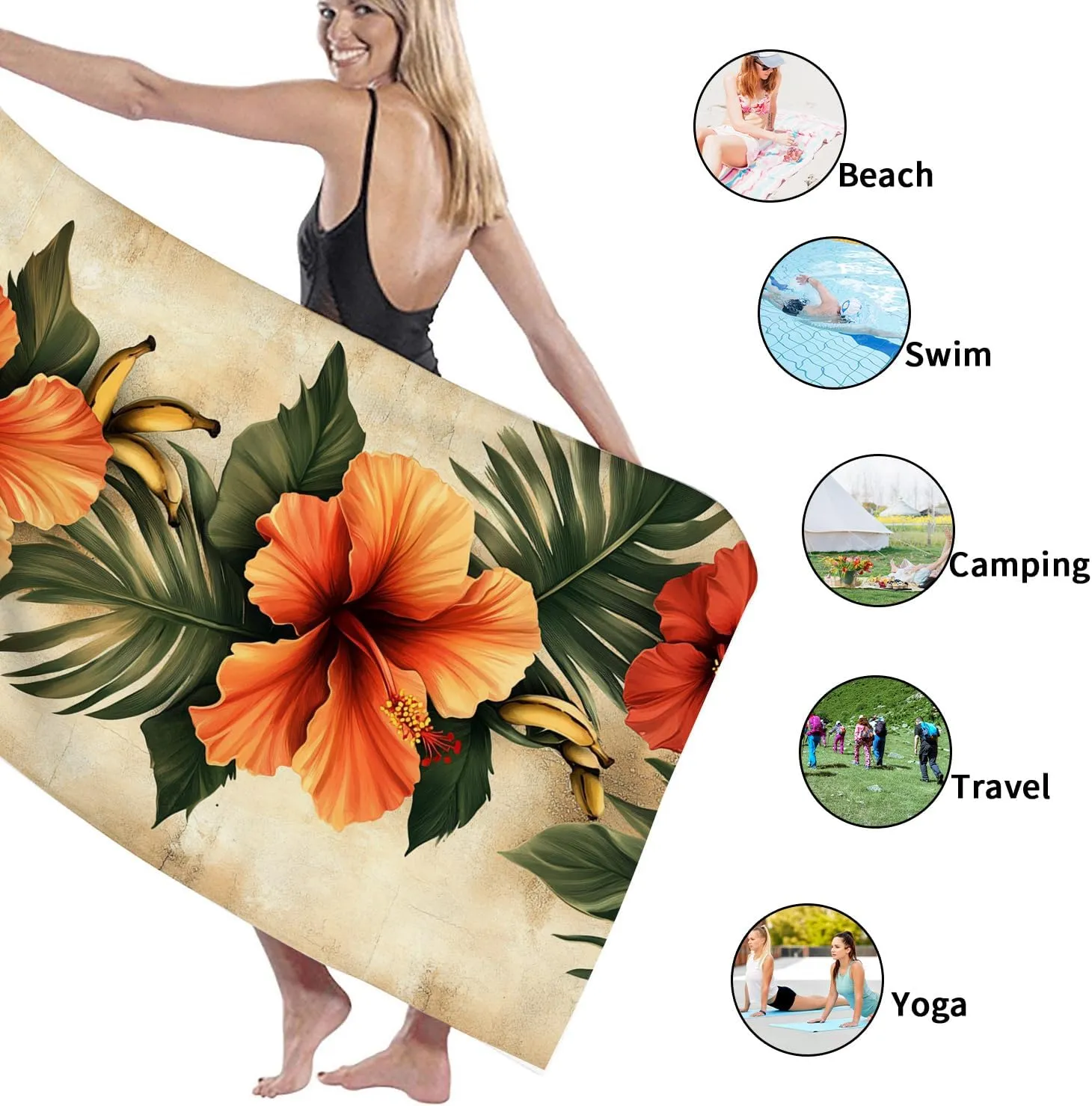 Tropical Hibiscus Beach Towel Orange Floral Print Microfiber, Quick Dry Absorbent Sand Free Oversized Lightweight Bath Towel, Vacation Pool Gym Travel Essentials 70x35 Inch
