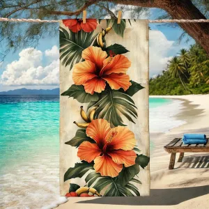 Tropical Hibiscus Beach Towel Orange Floral Print Microfiber, Quick Dry Absorbent Sand Free Oversized Lightweight Bath Towel, Vacation Pool Gym Travel Essentials 70x35 Inch