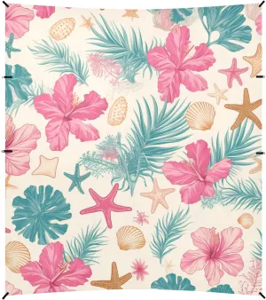Tropical Leaves Pink Hibiscus Flowers Starfish Hawaiian Style Foldable Beach Canopy UPF50 Lightweight Outdoor Sun Shade Includes Sand Shovel, Sandbags, Stability Poles for Camping, Picnics, Backyard