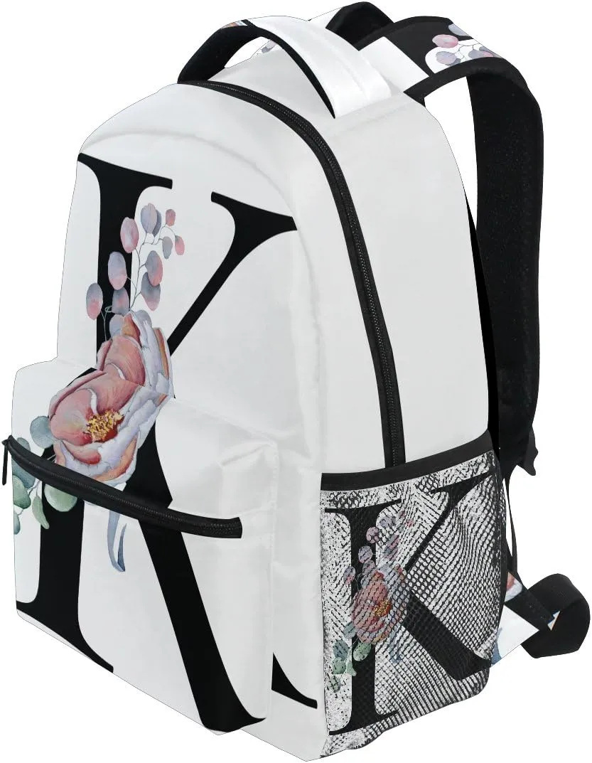 TropicalLife K Letter with Flower Backpacks Bookbag Shoulder School Computer Hiking Gym Travel Casual Travel Daypack