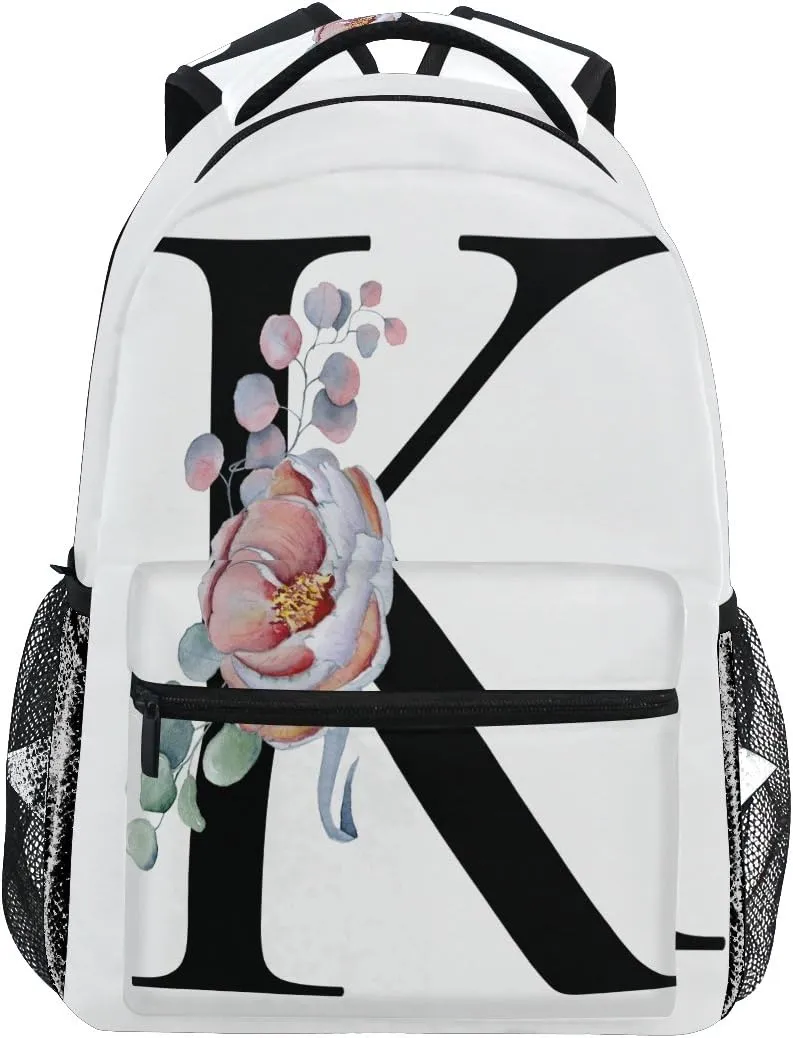 TropicalLife K Letter with Flower Backpacks Bookbag Shoulder School Computer Hiking Gym Travel Casual Travel Daypack