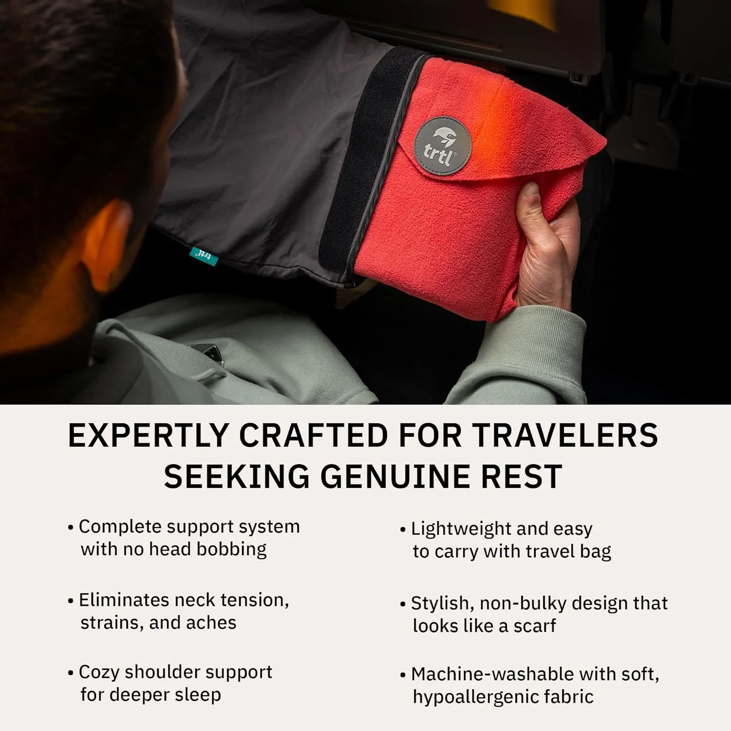 trtl Travel and Airplane Pillow - Real Sleeping Experience on Long Flights - Neck and Shoulder Support - Super-Soft, Lightweight, Easy-to-Carry, and Machine-Washable Flight Pillow - Coral