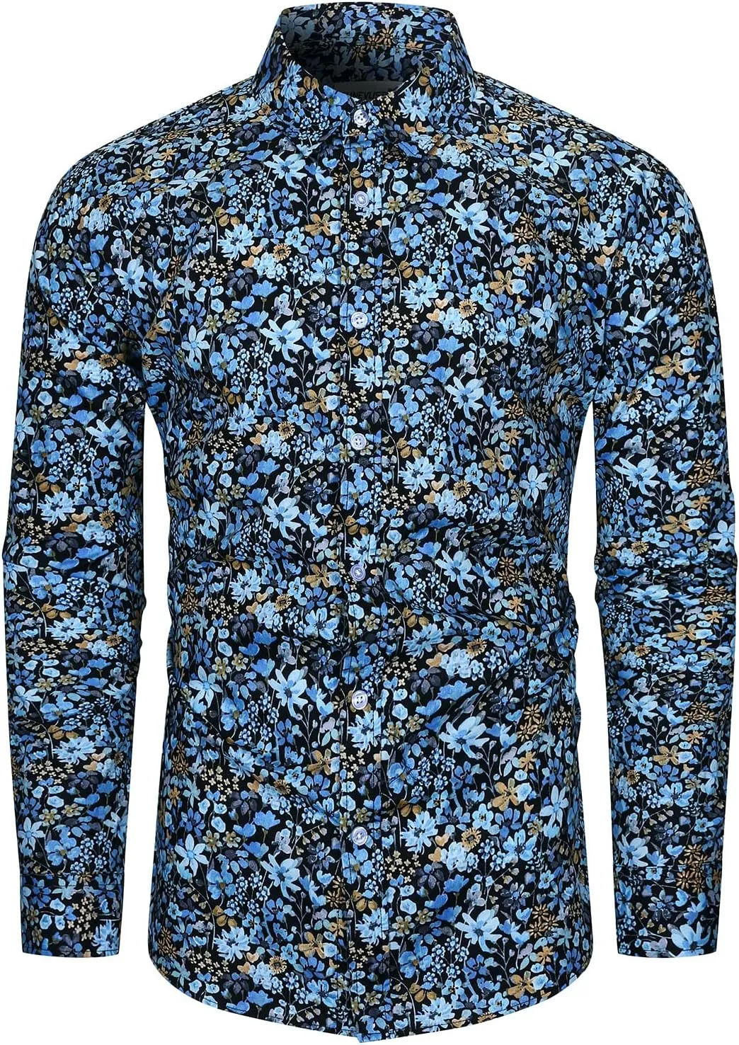TUNEVUSE Men Floral Dress Shirts Long Sleeve Casual Button Down Flower Printed Shirts 100% Cotton
