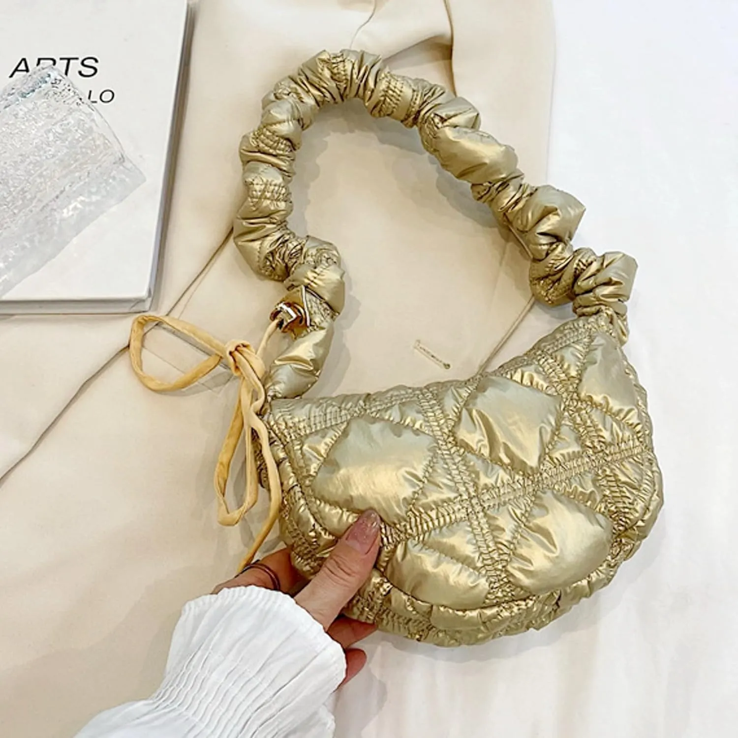 TWO KAT Metallic Quilted Shoulder Tote Purse Adjustable Strap Women, Puffer Hobo Crossbody Handbag, Lightweight Sling Bags
