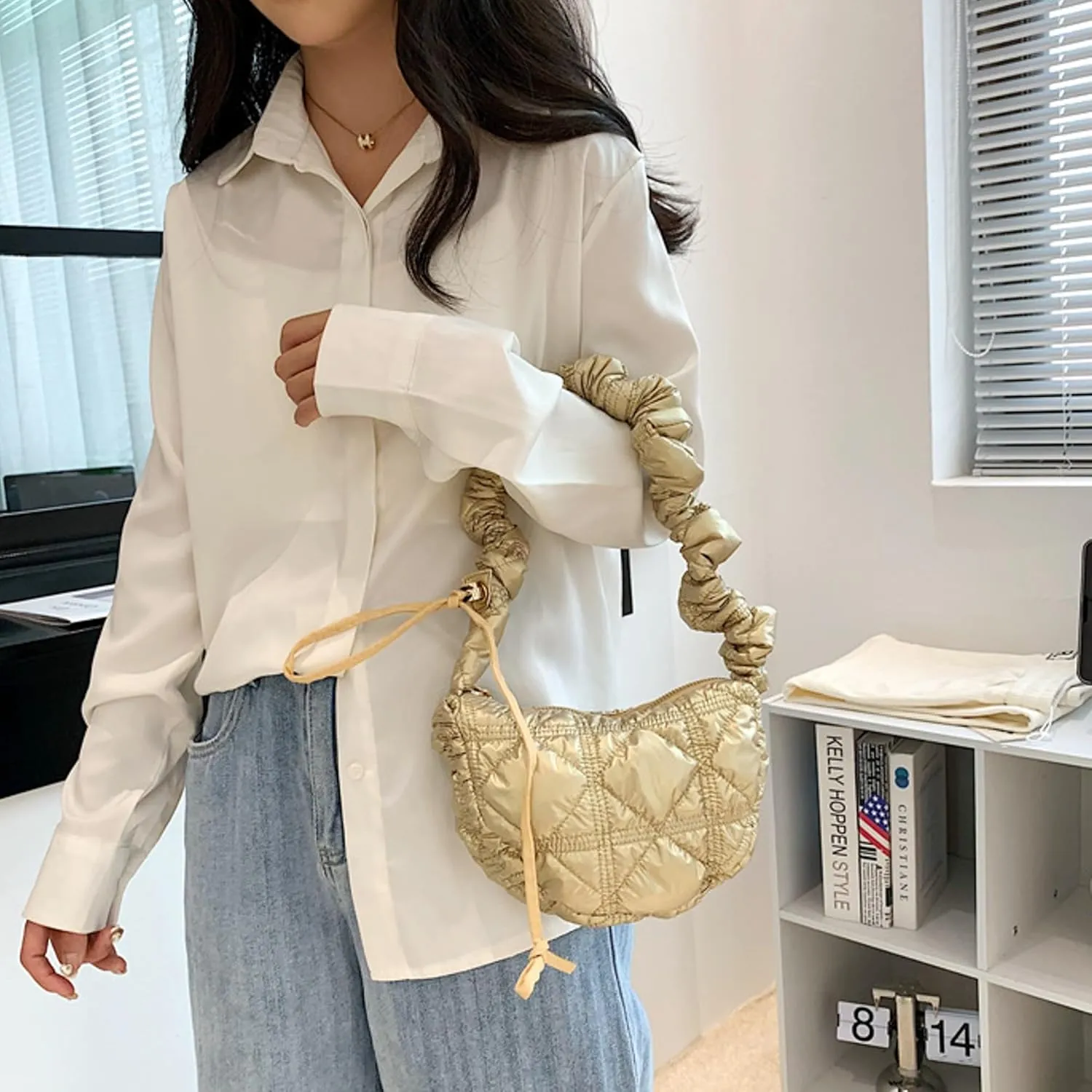 TWO KAT Metallic Quilted Shoulder Tote Purse Adjustable Strap Women, Puffer Hobo Crossbody Handbag, Lightweight Sling Bags