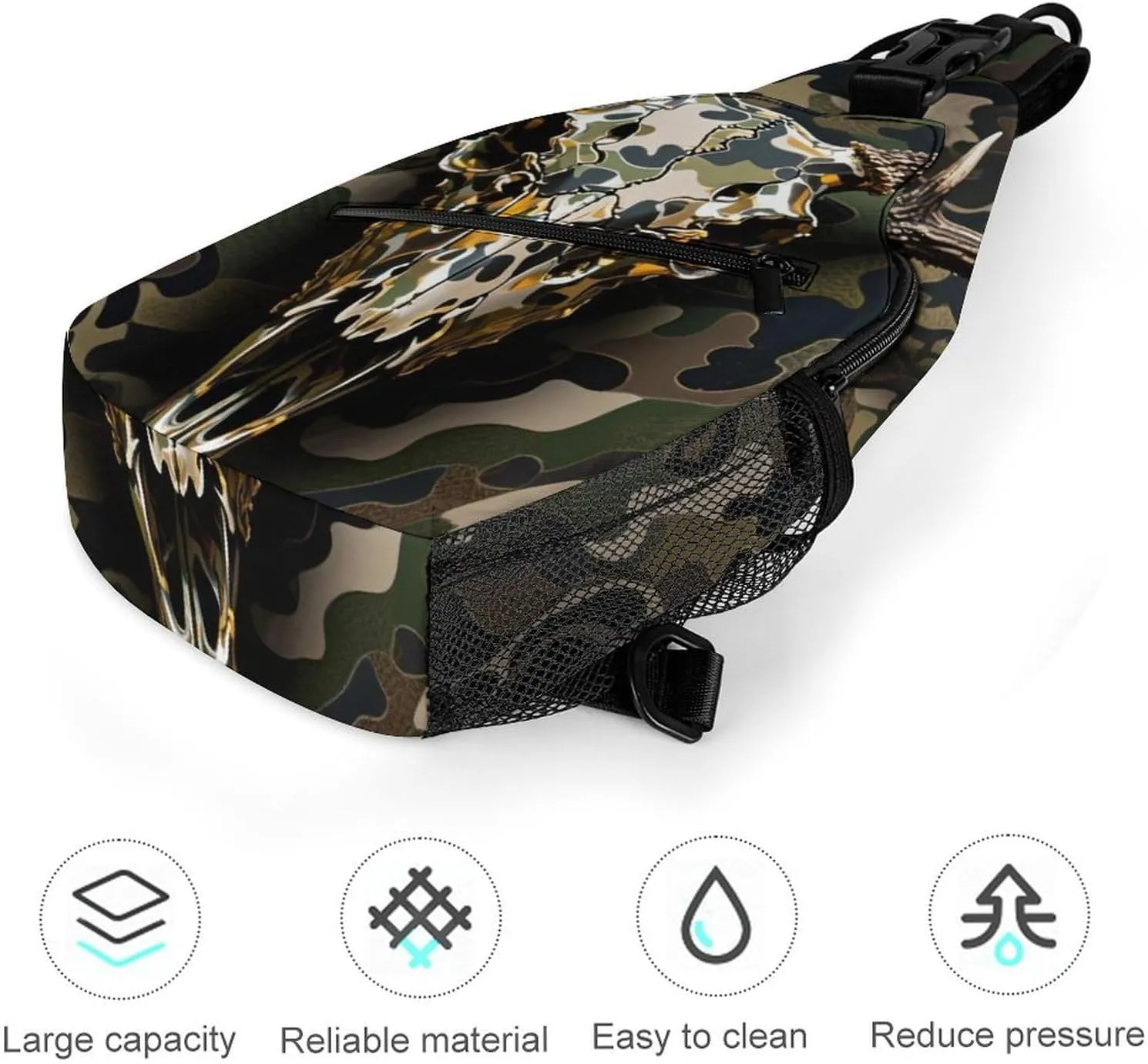 Ultra Lightweight Sling Shoulder Backpack Shoulder Crossbody Bag Chest Pack Multipurpose Anti-Theft Daypack for Outdoors Camping Hiking Trekking, Goth Hunting Camo Deer Skull Art