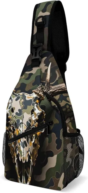 Ultra Lightweight Sling Shoulder Backpack Shoulder Crossbody Bag Chest Pack Multipurpose Anti-Theft Daypack for Outdoors Camping Hiking Trekking, Goth Hunting Camo Deer Skull Art
